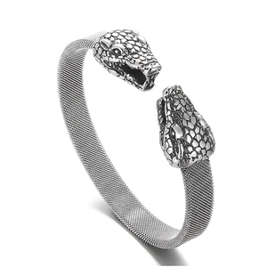 Double Snake Head Men Bracelet 316L Stainless Steel Milanese Mesh Chain Retro Punk Hip Hop Gothic Open Bangle