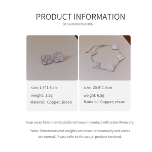 Detailed specs for gold-plated copper bracelet and clover earrings with purple zircon