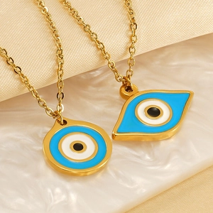 Titanium steel evil eye necklaces with gold plating and blue enamel pendants for women