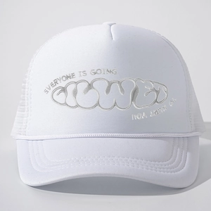 White trucker hat with Everyone Is Going To Hurt You embroidery and mesh back