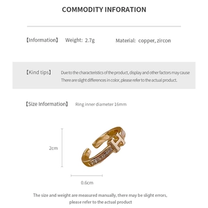 Detailed size specifications for the gold-plated zircon letter H open ring for women