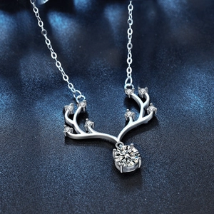 Moissanite deer antler 925 sterling silver necklace with sparkling zircon stone