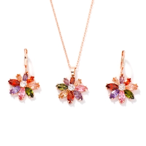 Colorful floral necklace and earrings set with multi-color zircon in rose gold plating