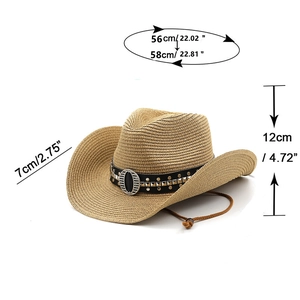Beige straw cowboy hat with metallic studs and dimensions 56-58cm for beach sun protection
