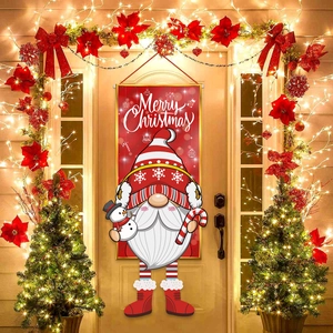 Christmas Door Hanging Banner Polyester Flag Wooden Rod Gnome Snowman Pattern Merry Christmas Festive Porch Decor Outdoor