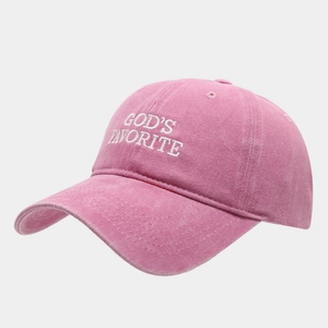 Detail of pink vintage washed cotton baseball cap with God's Favorite embroidery