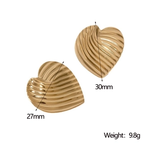Detail showing gold heart earrings with 30mm x 27mm pleated texture and 9.8g weight
