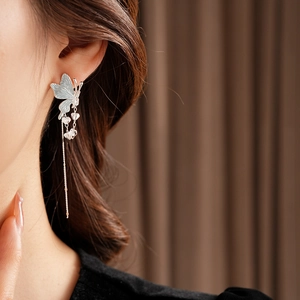 Gros plan d'une boucle d'oreille papillon argentée avec longs pompons et cristaux