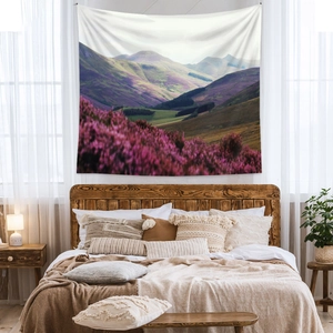Bohemian wall tapestry with mountain landscape and purple flower field for home decor