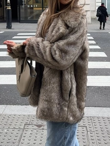 Elegant taupe faux fur coat for women, long-sleeved mid-length autumn winter jacket