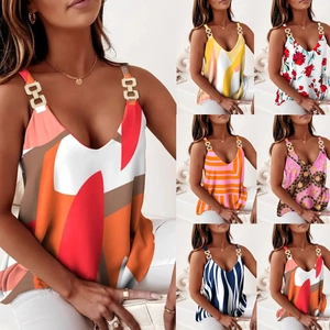 Women V Neck Tank Top With Metal Chain Straps Sleeveless Printed Summer Casual Camisole Polyester Fashion Top