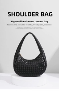 Macro detail of hand-woven black crescent shoulder bag with high-end texture and gold zipper