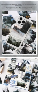 Deep forest theme sticker set showing realistic pine trees and morning mist for journals