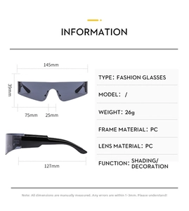 Size chart showing dimensions for Y2K frameless futuristic wrap sunglasses