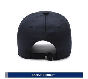 Rear view of navy blue cotton baseball cap with adjustable metal buckle strap