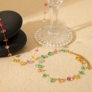 French style colorful natural stone beaded bracelet with elegant gold link chain for women
