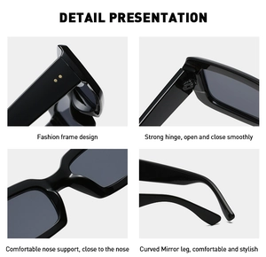 Detail presentation of black rectangular sunglasses showing hinges and comfortable nose pads