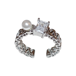 Silver-plated double-layer open ring featuring a square zircon and white pearl