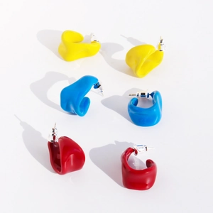 Handmade C-shape twisted enamel geometric earrings in yellow, blue and red colors