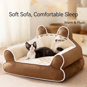 Pet Sofa Bed Soft Corduroy Plush Warm For Winter Cute Bear Ear Design Removable Washable For Cats Small Dogs Non-Slip