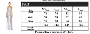 Size chart for sequin evening dress F903 with chest, waist and hip measurements