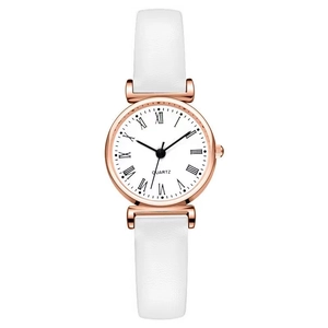 Women's quartz watch featuring a white Roman numeral dial and rose gold metal case