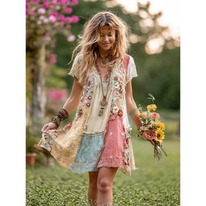 Bohemian patchwork mini dress with lace embroidery and floral patterns for summer vacation