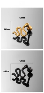 Detail view of snake stud earrings in bronze and black finish with dimension metrics