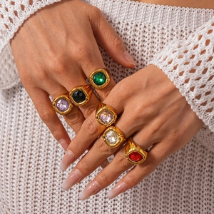 Vintage stainless steel geometric square zircon ring shown on model for women