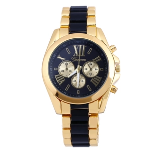 Men's two-tone Geneva steel quartz watch with black Roman numeral dial and three sub-dials