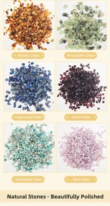 Detail view of colorful natural crushed crystal stones including amber and garnet gems