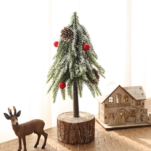 24cm mini frosted Christmas tree with pine cones and red berries on a wooden base