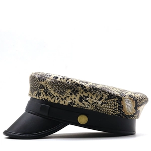 Python snakeskin print flat top military cap with black leather brim and gold side button