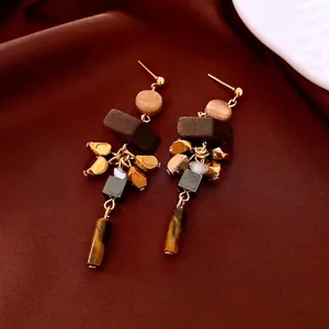 Vintage geometric long earrings with wooden accents and golden tiger eye beads on silk
