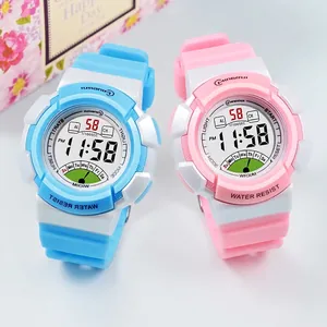 Waterproof digital sports watch for girls with light blue and pink silicone straps