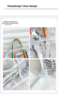 Detail view of transparent PVC backpack showing rainbow webbing and mesh texture