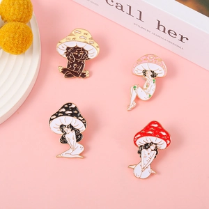 Artistic alloy mushroom girl enamel pins with colorful lacquer finish on pink background