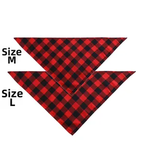 Size M and L comparison of red and black buffalo plaid cotton pet bandanas for dogs