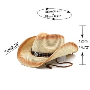Detailed size chart of cowboy straw hat showing 12cm height and 7cm brim measurements