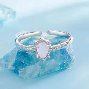 S925 sterling silver open ring with pink teardrop opal on blue crystal stone