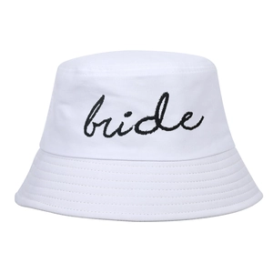 White cotton bucket hat with black bride cursive embroidery for wedding parties