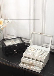 Three-layer luxury jewelry box with transparent window and drawers in black and white