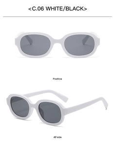 Front and side views of oval candy-colored sunglasses with white frames and grey lenses