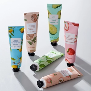 Artistic layout of six assorted moisturizing hand creams by Körmesic in various scents