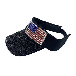 Visera negra con bandera de EE. UU. en diamantes y borde de cristal para protección solar