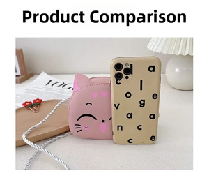 Pink cartoon cat shoulder bag shown next to a smartphone for size comparison