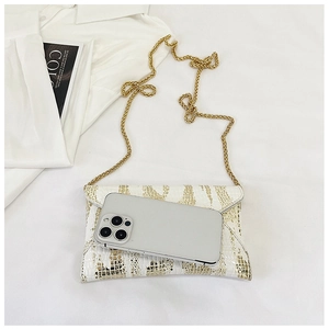 Mini white faux leather crossbody bag with gold crocodile pattern and chain strap