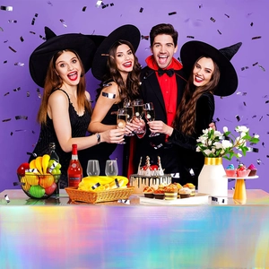 Holographic laser rainbow tablecloth for birthday parties with witch and vampire costumes