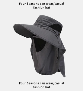 Detail of dark grey sun hat featuring breathable side mesh and durable neck protection flap