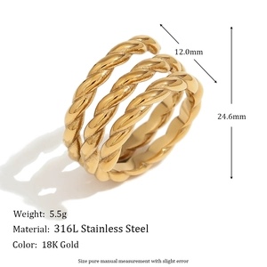 18K gold plated stainless steel triple layer woven ring with dimensions and weight info